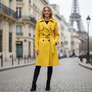 New York & Company Yellow Double-Breasted Trench Coat with Belt